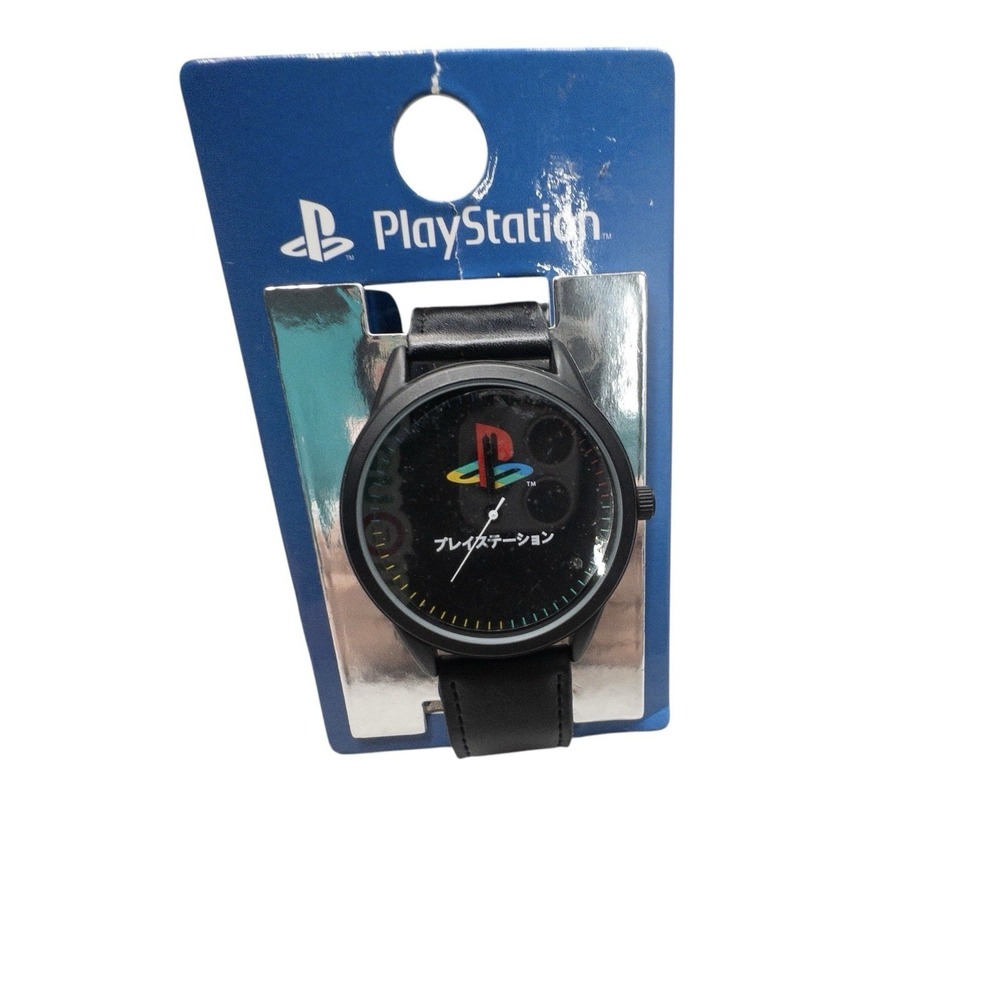 New Accutime PlayStation 45mm Watch Black Dial‎ Leather Band Gamer Video Games